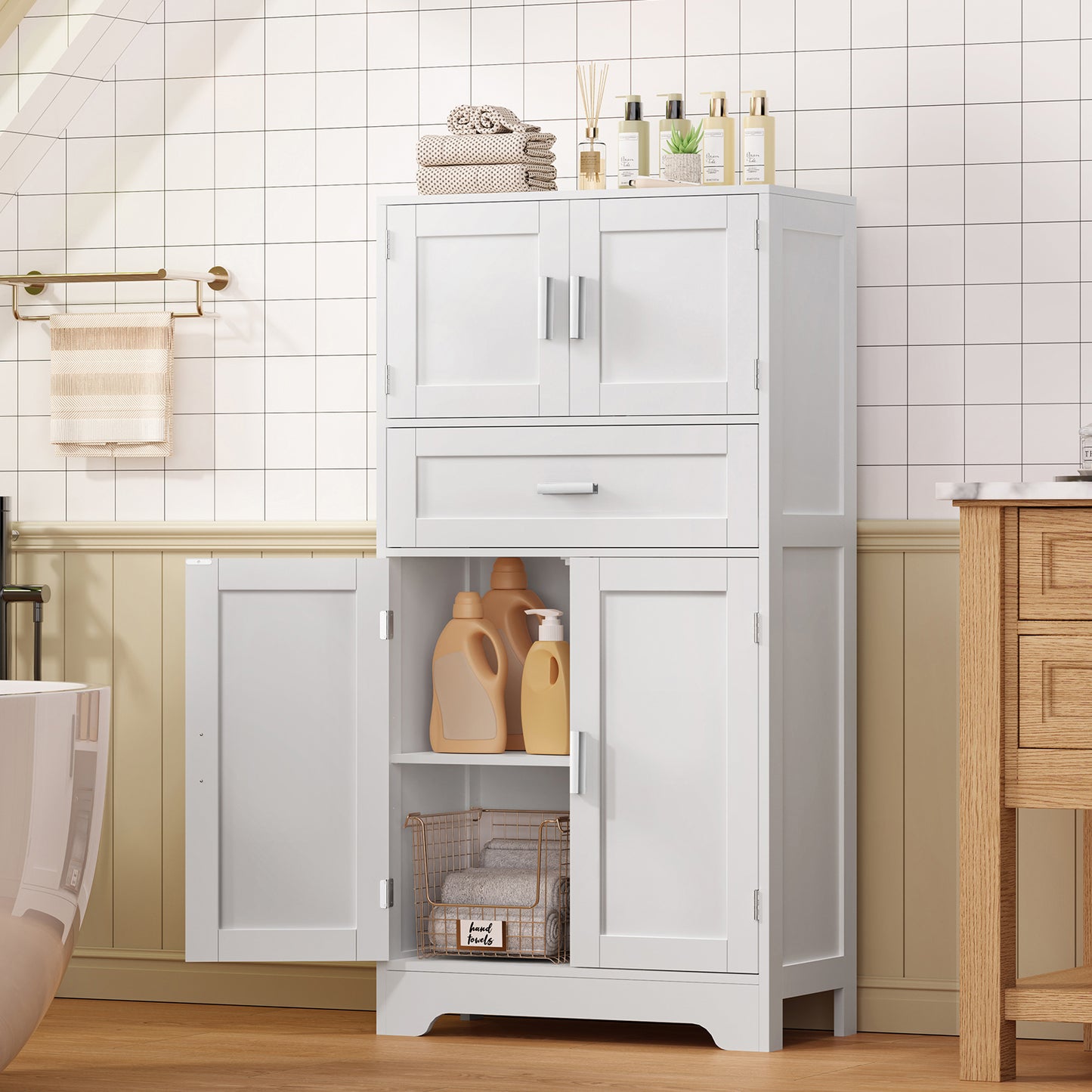 USIKEY Morden 47.2" Storage Cabinet with 2 Drawers & 2 Adjustable Shelves, Floor Cabinet with 4 Doors, Tall Cabinet for Living Room, Dining Room, Entryway