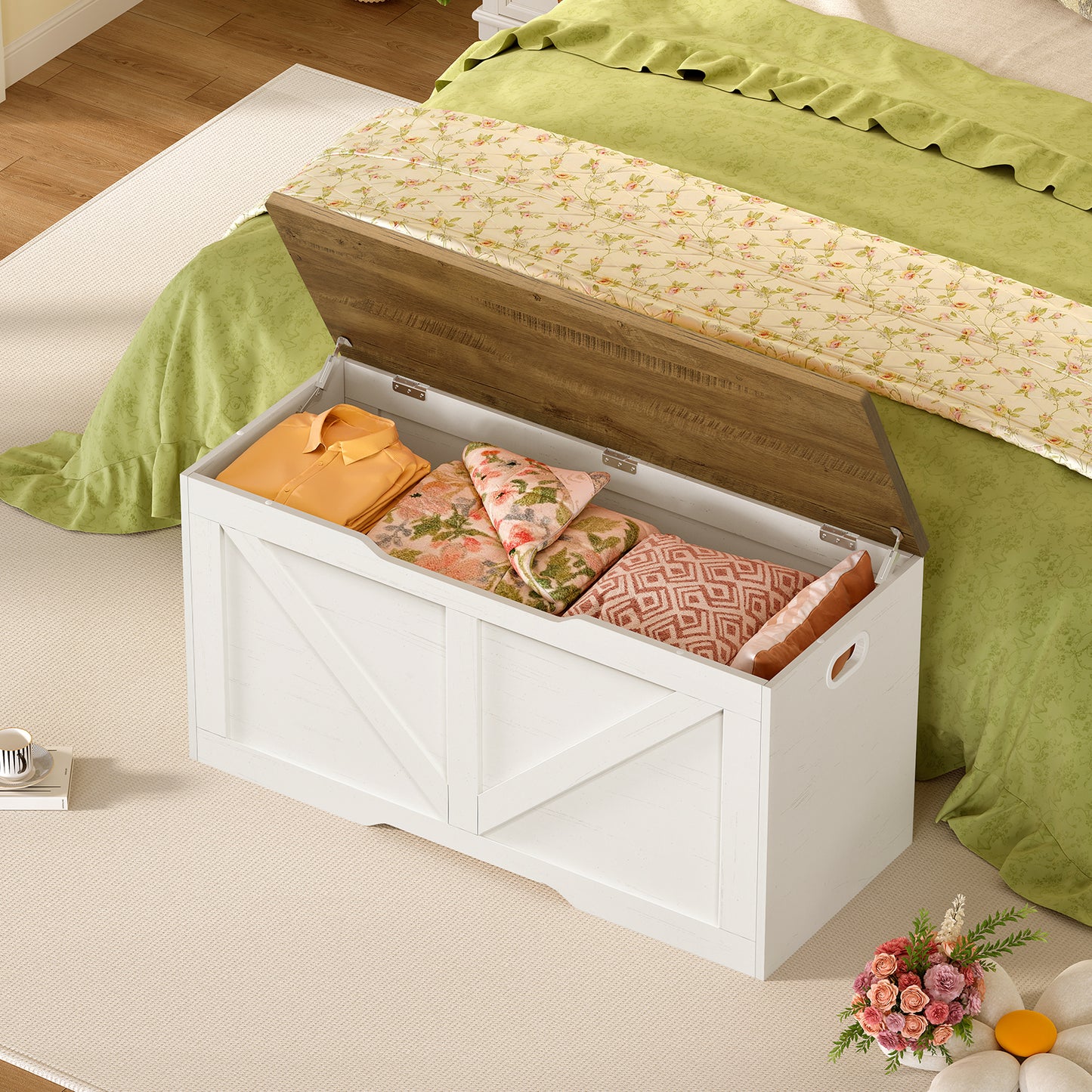 Usikey 39.4" Storage Chest, Toy Box with 2 Safety Hinges, Lift Top Wooden Toy Chest, Storage Bench, for Living Room, Bedroom, Entryway