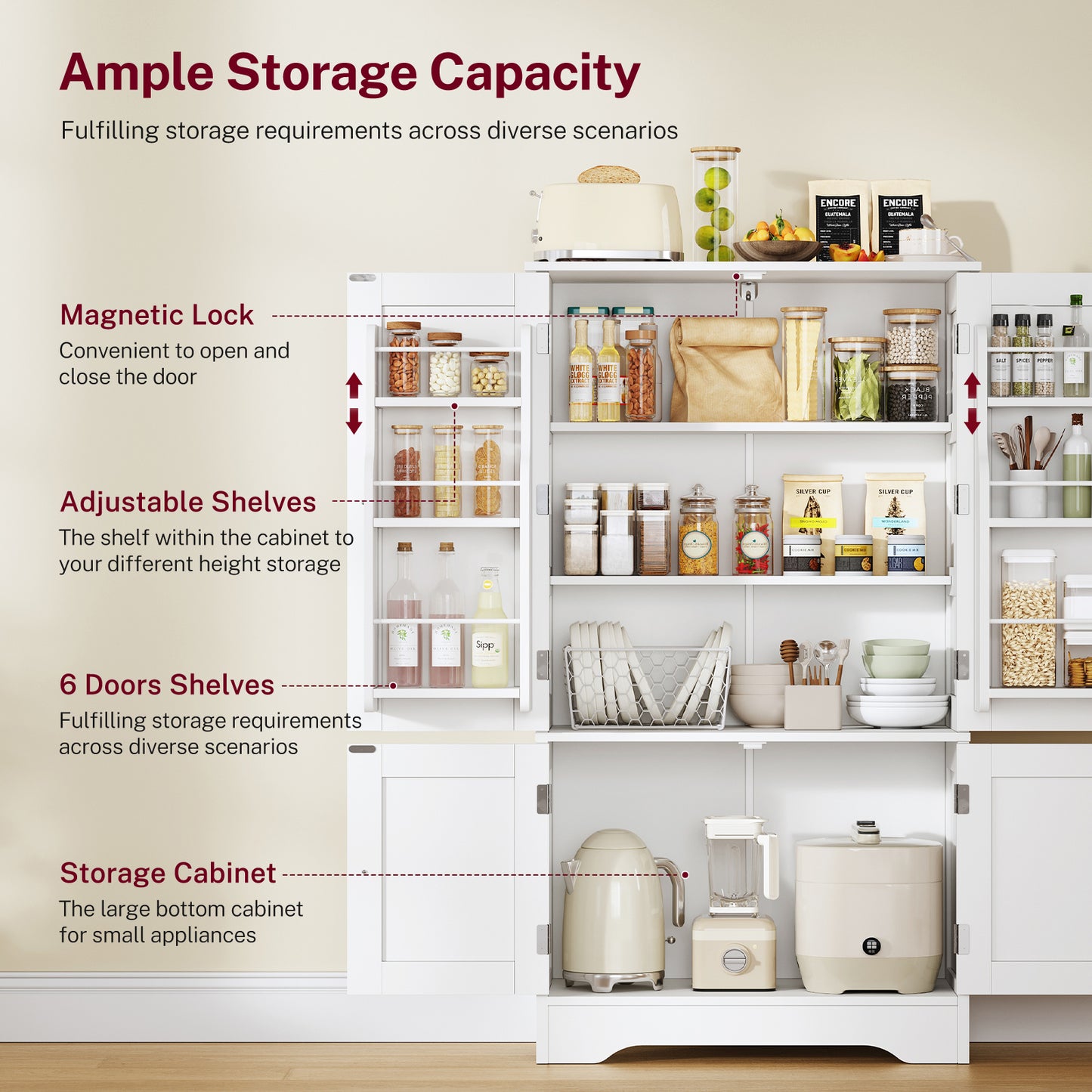 USIKEY Pantry Cabinet, Kitchen Pantry Storage Cabinet with Doors and Adjustable Shelves, Food Pantry for Kitchen, Dining Room, Living Room and Garage