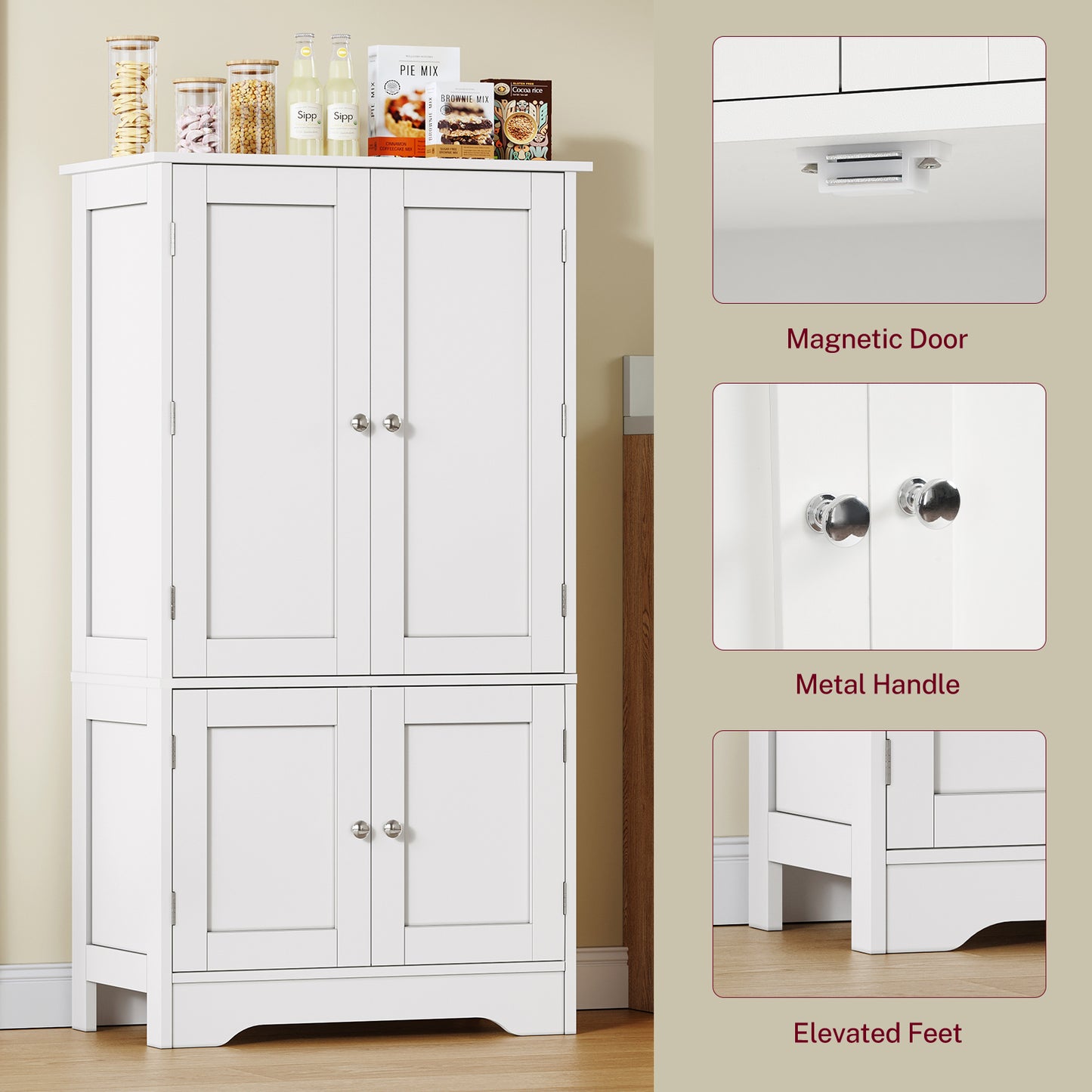 USIKEY Pantry Cabinet, Kitchen Pantry Storage Cabinet with Doors and Adjustable Shelves, Food Pantry for Kitchen, Dining Room, Living Room and Garage