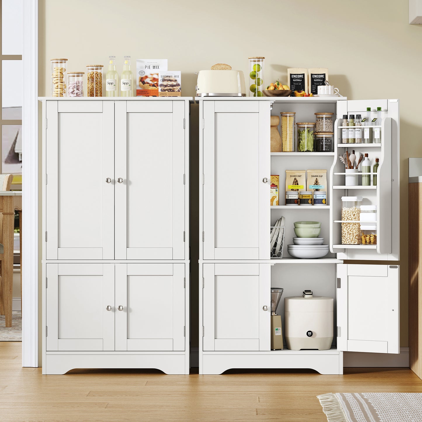 USIKEY Pantry Cabinet, Kitchen Pantry Storage Cabinet with Doors and Adjustable Shelves, Food Pantry for Kitchen, Dining Room, Living Room and Garage