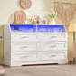 White Dresser for Bedroom, 6 Drawer Dresser with Charging Station & LED Lights, Dressers & Chests of Drawers, Dresser TV Stand for Bedroom, White