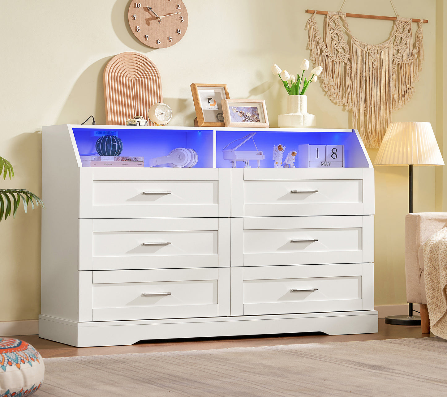 White Dresser for Bedroom, 6 Drawer Dresser with Charging Station & LED Lights, Dressers & Chests of Drawers, Dresser TV Stand for Bedroom, White