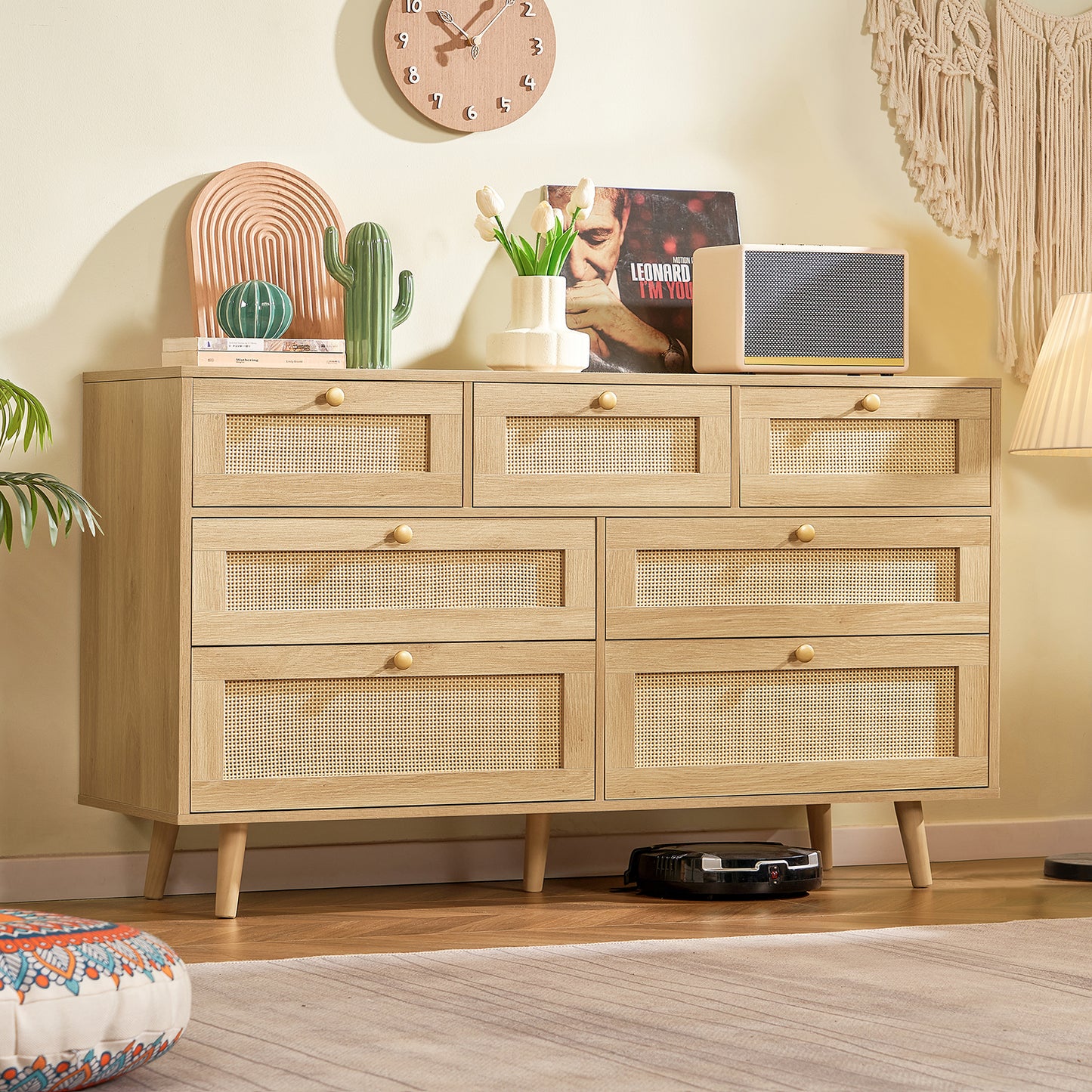 47.2''Wide 7 Drawer Dresser for Bedroom, Rattan Dresser Chest of Drawers, Modern Wood Dresser Chest for Bedroom, Living Room, Entryway, Natural