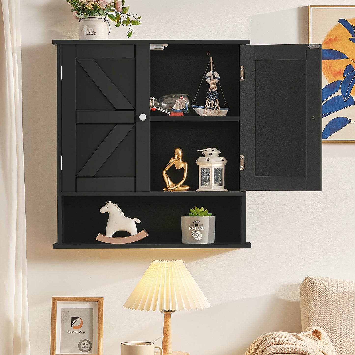 USIKEY Bathroom Wall Cabinet, Bathroom Cabinet with Barn Doors & Adjustable Shelf, Medicine Cabinet for Bathroom