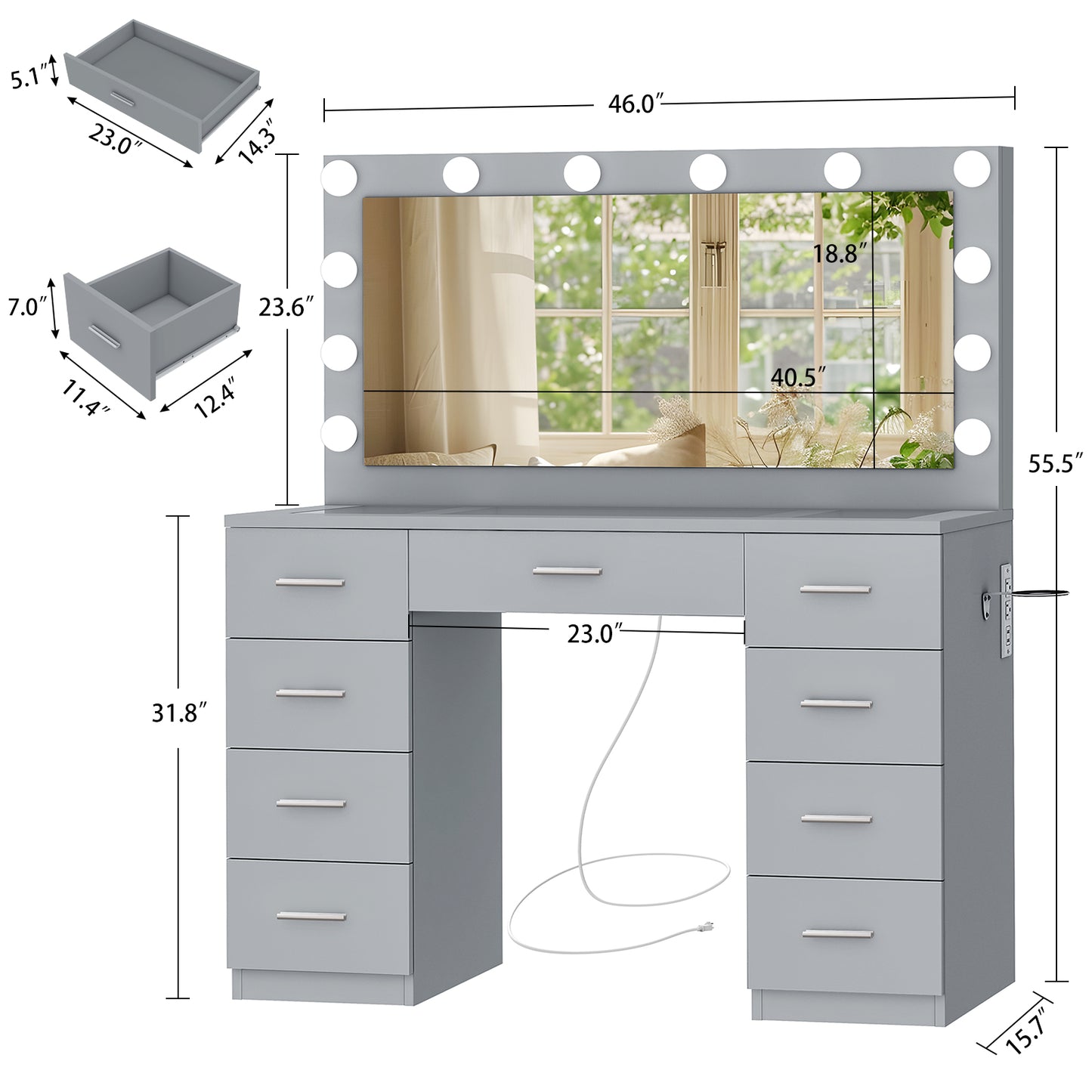 Vanity Desk with Large Lighted Mirror and Power Outlet, 46" Makeup Vanity with 9 Drawers and Glass Desktop, Vanity Table with 12 LED Lights, 3 Lighting Color Adjustable (White)