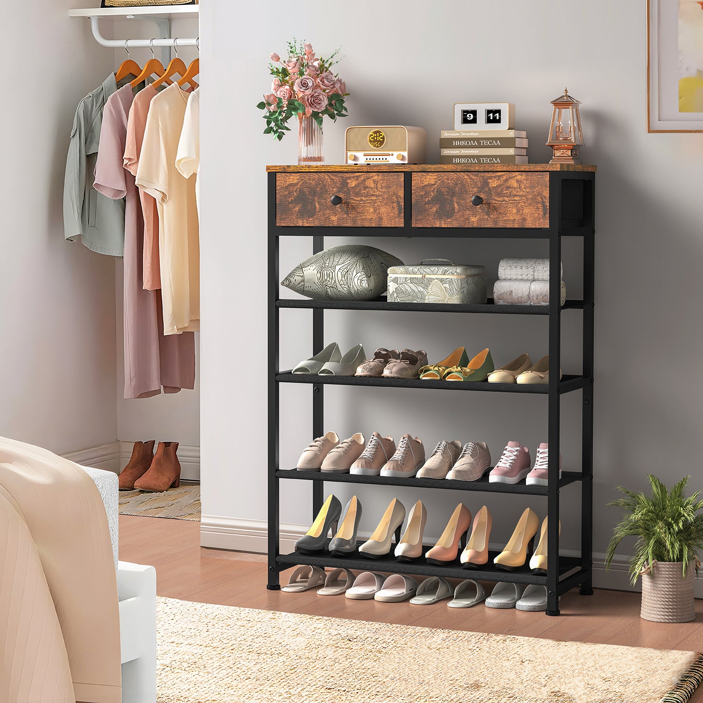USIKEY Shoe Rack, 5 Tier Shoe Storage Organizer with 2 Drawers, Metal Shoe Shelf for 12-16 Pairs of Shoes, with 4 Fabric Shelves and Wooden Top