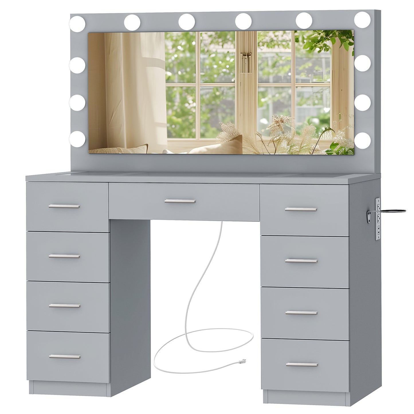 Vanity Desk with Large Lighted Mirror and Power Outlet, 46" Makeup Vanity with 9 Drawers and Glass Desktop, Vanity Table with 12 LED Lights, 3 Lighting Color Adjustable (White)