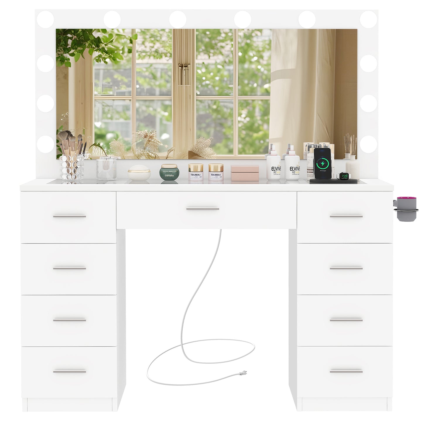 Vanity Desk with Large Lighted Mirror and Power Outlet, 46" Makeup Vanity with 9 Drawers and Glass Desktop, Vanity Table with 12 LED Lights, 3 Lighting Color Adjustable (White)