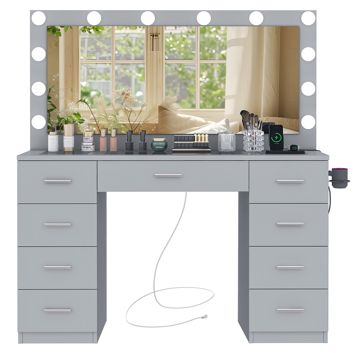 Vanity Desk with Large Lighted Mirror and Power Outlet, 46" Makeup Vanity with 9 Drawers and Glass Desktop, Vanity Table with 12 LED Lights, 3 Lighting Color Adjustable (White)