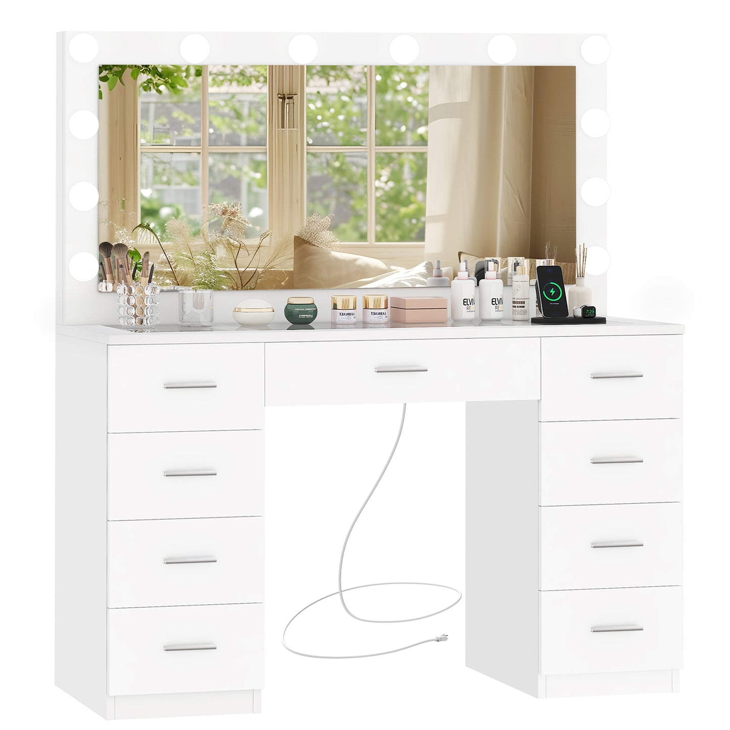 Usikey Vanity Desk with Large Lighted Mirror and Outlet, 46" Makeup Vanity with 9 Drawers and Glass Desktop, Vanity Table with 12 LED Lights, White