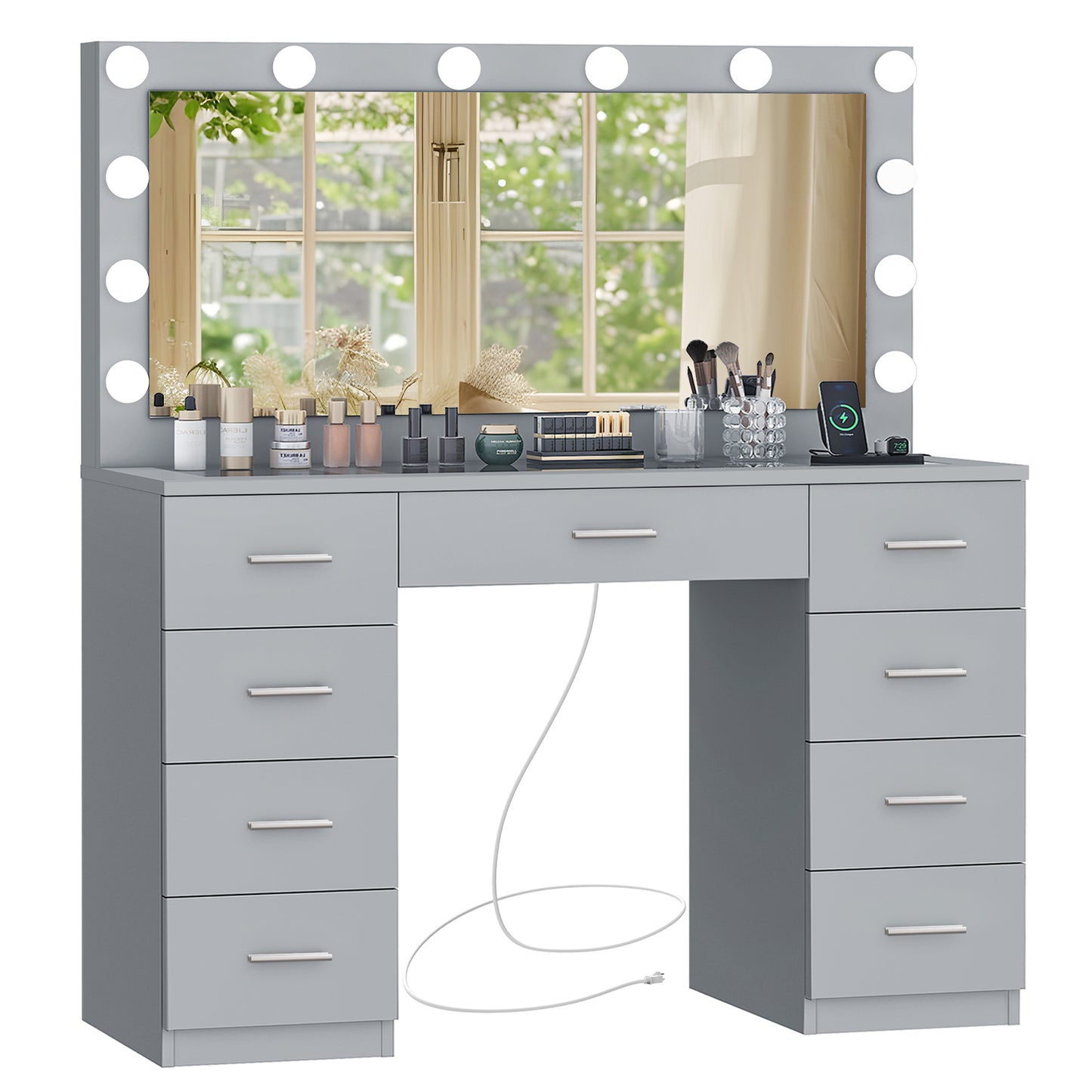 Vanity Desk with Large Lighted Mirror and Power Outlet, 46" Makeup Vanity with 9 Drawers and Glass Desktop, Vanity Table with 12 LED Lights, 3 Lighting Color Adjustable (White)