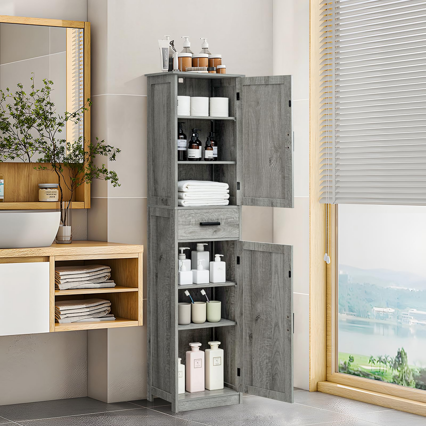 Tall Bathroom Cabinet, Storage Cabinet with 6 Shelves & Drawer, Bathroom Storage Cabinet with Adjustable Shelves, Tall Cabinet for Living Room, Home Office