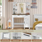 usikey Farmhouse Makeup Vanity Desk with Mirror and Lights, Glass Tabletop Makeup Vanity with Adjustable Shelves, Vanity Table Set with 2 Drawers and Side Cabinet for Bedroom, White