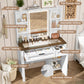 usikey Farmhouse Makeup Vanity Desk with Mirror and Lights, Glass Tabletop Makeup Vanity with Adjustable Shelves, Vanity Table Set with 2 Drawers and Side Cabinet for Bedroom, White