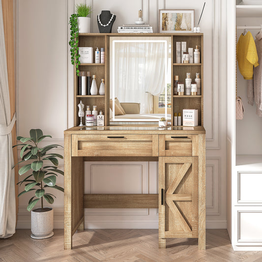 usikey Farmhouse Makeup Vanity Desk with Mirror and Lights, Glass Tabletop Makeup Vanity with Adjustable Shelves, Vanity Table Set with 2 Drawers and Side Cabinet for Bedroom, White