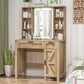 usikey Farmhouse Makeup Vanity Desk with Mirror and Lights, Glass Tabletop Makeup Vanity with Adjustable Shelves, Vanity Table Set with 2 Drawers and Side Cabinet for Bedroom, White