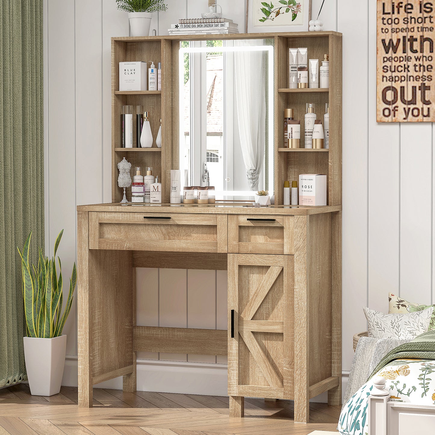 usikey Farmhouse Makeup Vanity Desk with Mirror and Lights, Glass Tabletop Makeup Vanity with Adjustable Shelves, Vanity Table Set with 2 Drawers and Side Cabinet for Bedroom, White