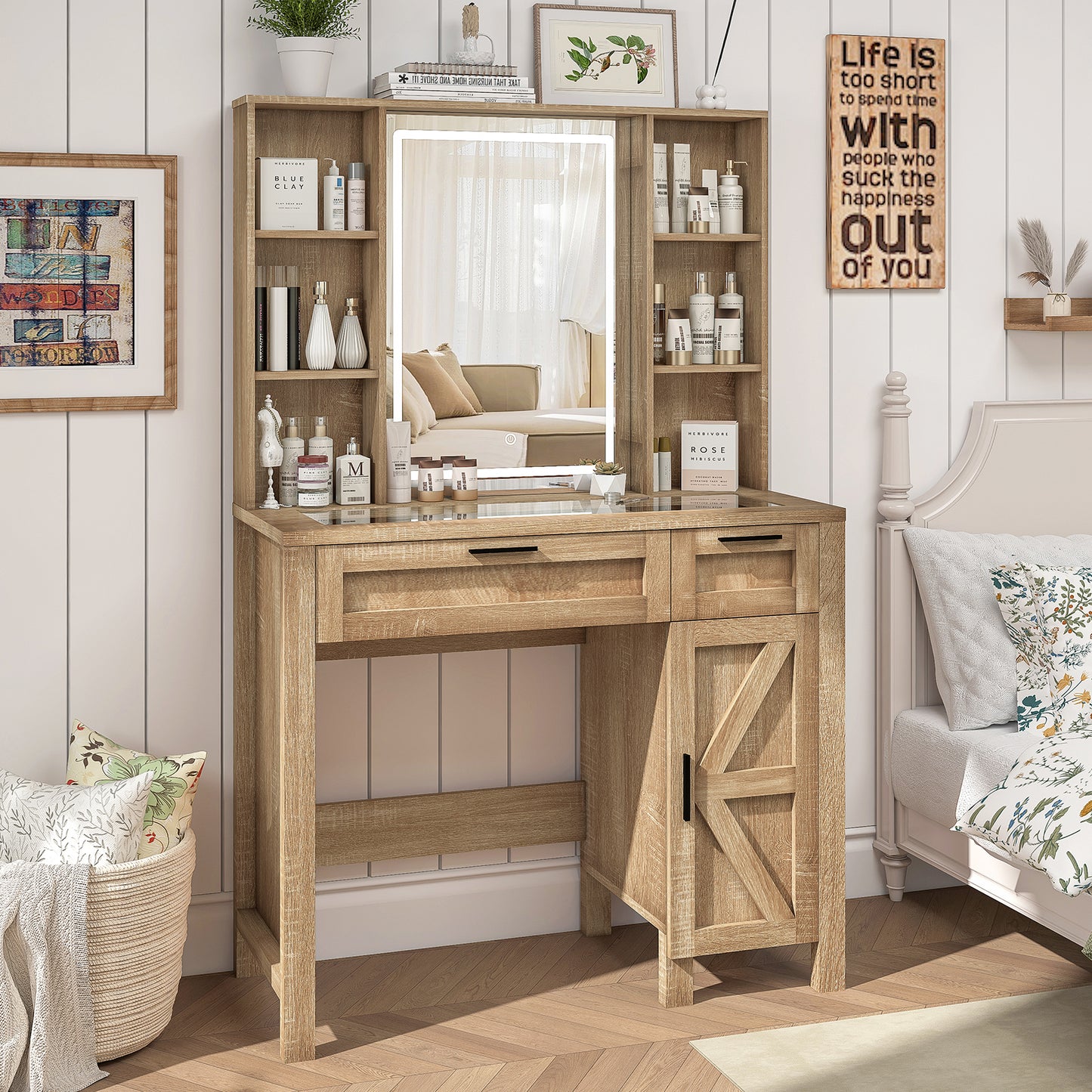 usikey Farmhouse Makeup Vanity Desk with Mirror and Lights, Glass Tabletop Makeup Vanity with Adjustable Shelves, Vanity Table Set with 2 Drawers and Side Cabinet for Bedroom, White