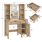 usikey Farmhouse Makeup Vanity Desk with Mirror and Lights, Glass Tabletop Makeup Vanity with Adjustable Shelves, Vanity Table Set with 2 Drawers and Side Cabinet for Bedroom, White
