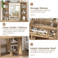 usikey Farmhouse Makeup Vanity Desk with Mirror and Lights, Glass Tabletop Makeup Vanity with Adjustable Shelves, Vanity Table Set with 2 Drawers and Side Cabinet for Bedroom, White