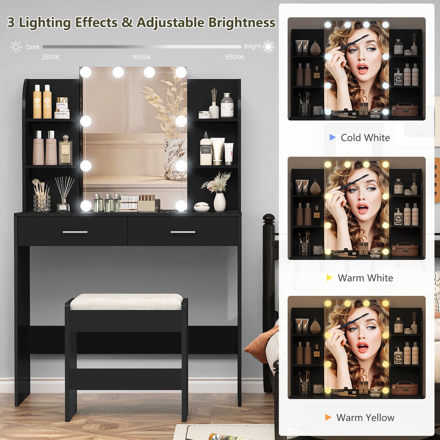 usikey Vanity Desk with Mirror & Lights, Makeup Vanity Table with 2 Large Drawers, 6 Storage Shelves & Stool, Bedroom Dressing Vanity Table with 3 Color Light Adjustable