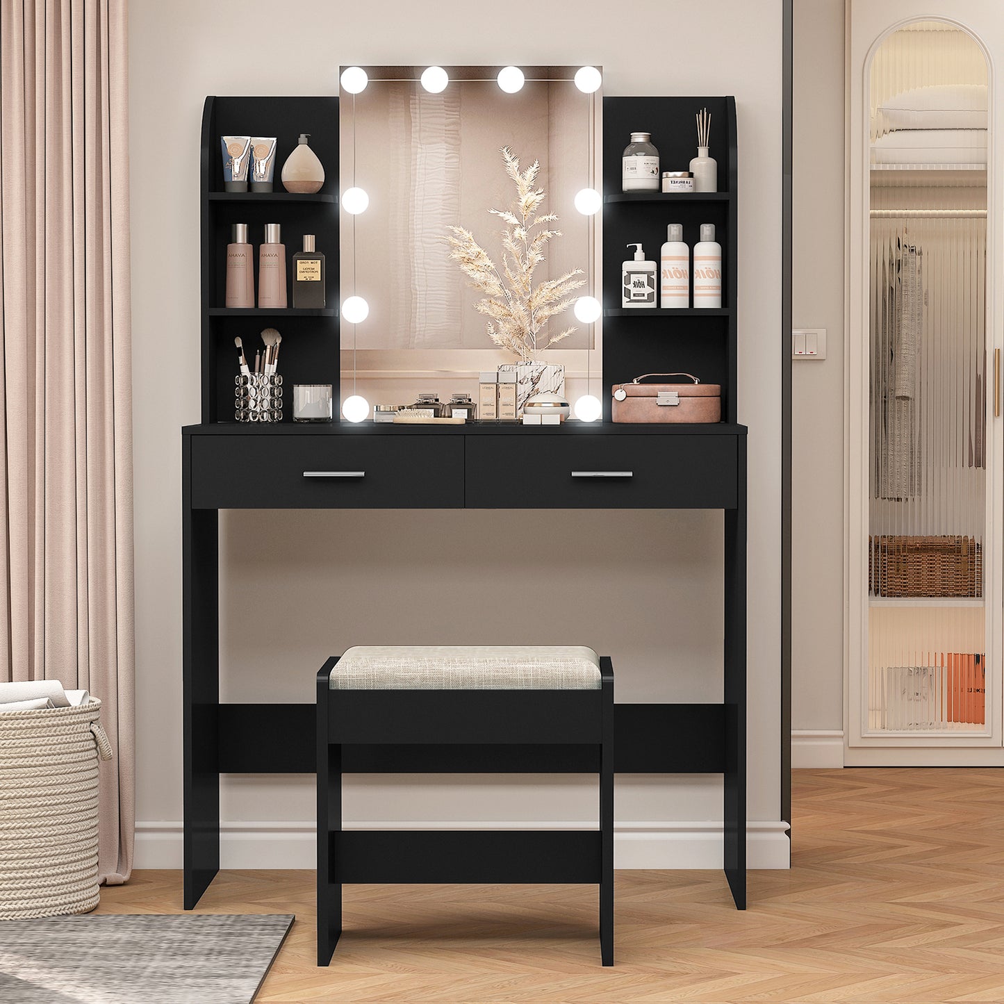 usikey Vanity Desk with Mirror & Lights, Makeup Vanity Table with 2 Large Drawers, 6 Storage Shelves & Stool, Bedroom Dressing Vanity Table with 3 Color Light Adjustable