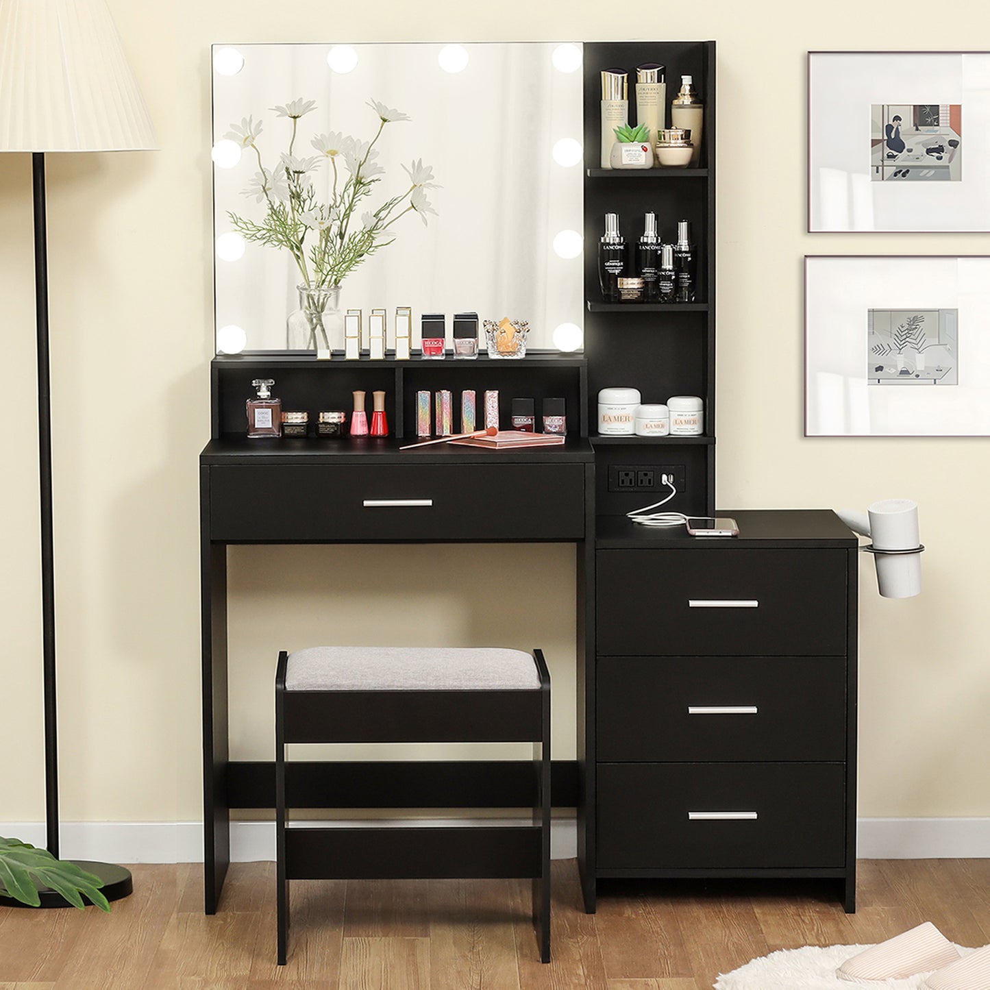USIKEY Large Vanity Table Set with Lighted Mirror & Charging Station