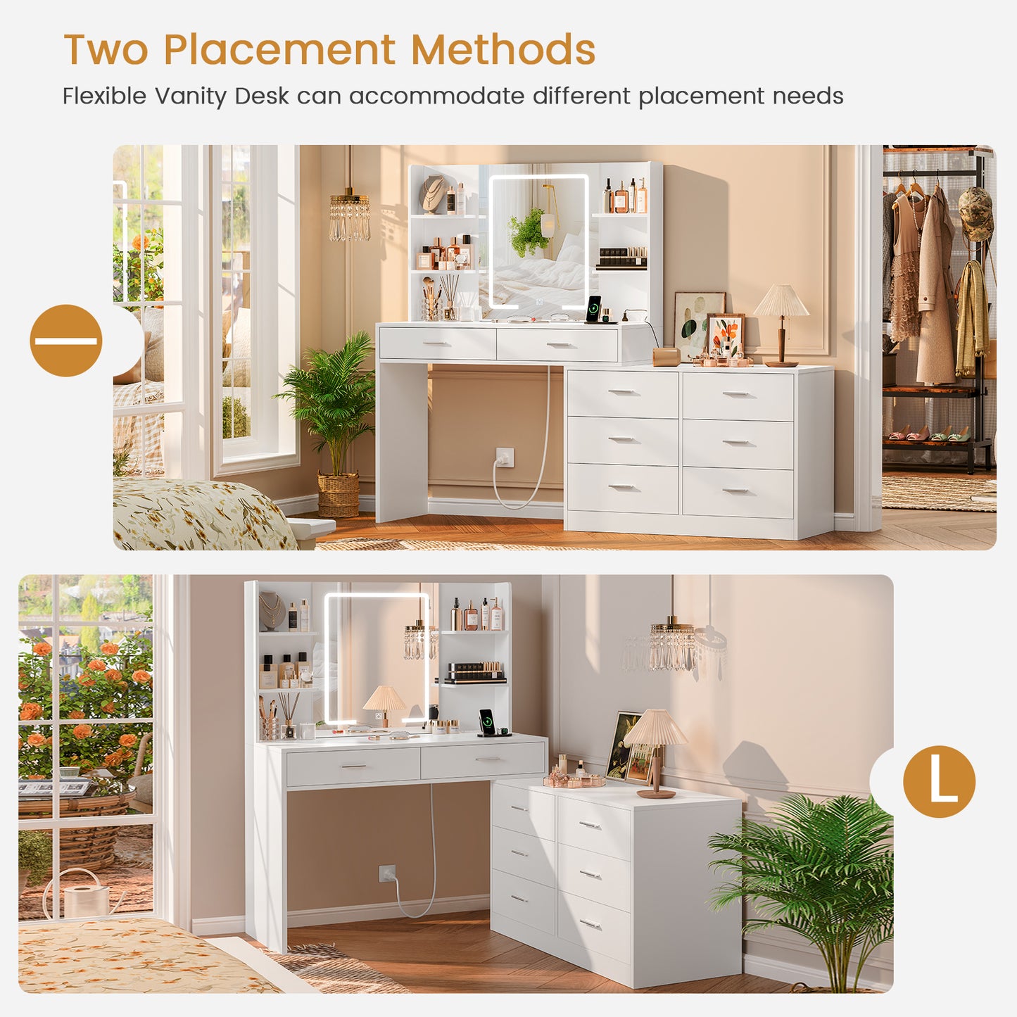 USIKEY Vanity Makeup Desk with LED Light Mirror & Power Outlet, 8 Drawers, Storage Shelves, & Adjustable Brightness Dressing Table, Corner Vanity Desk