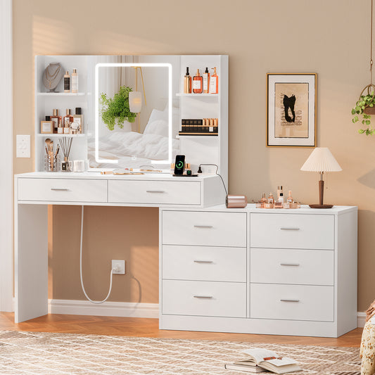 USIKEY Vanity Makeup Desk with LED Light Mirror & Power Outlet, 8 Drawers, Storage Shelves, & Adjustable Brightness Dressing Table, Corner Vanity Desk