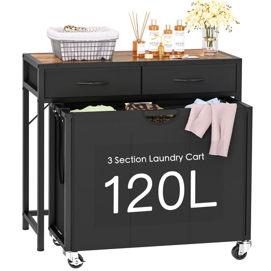 USIKEY Laundry Sorter, Rolling Laundry Hamper with 3 Section Pull-Out Bags, Laundry Basket Organizer with 2 Drawers & 2-Tone Top Panel