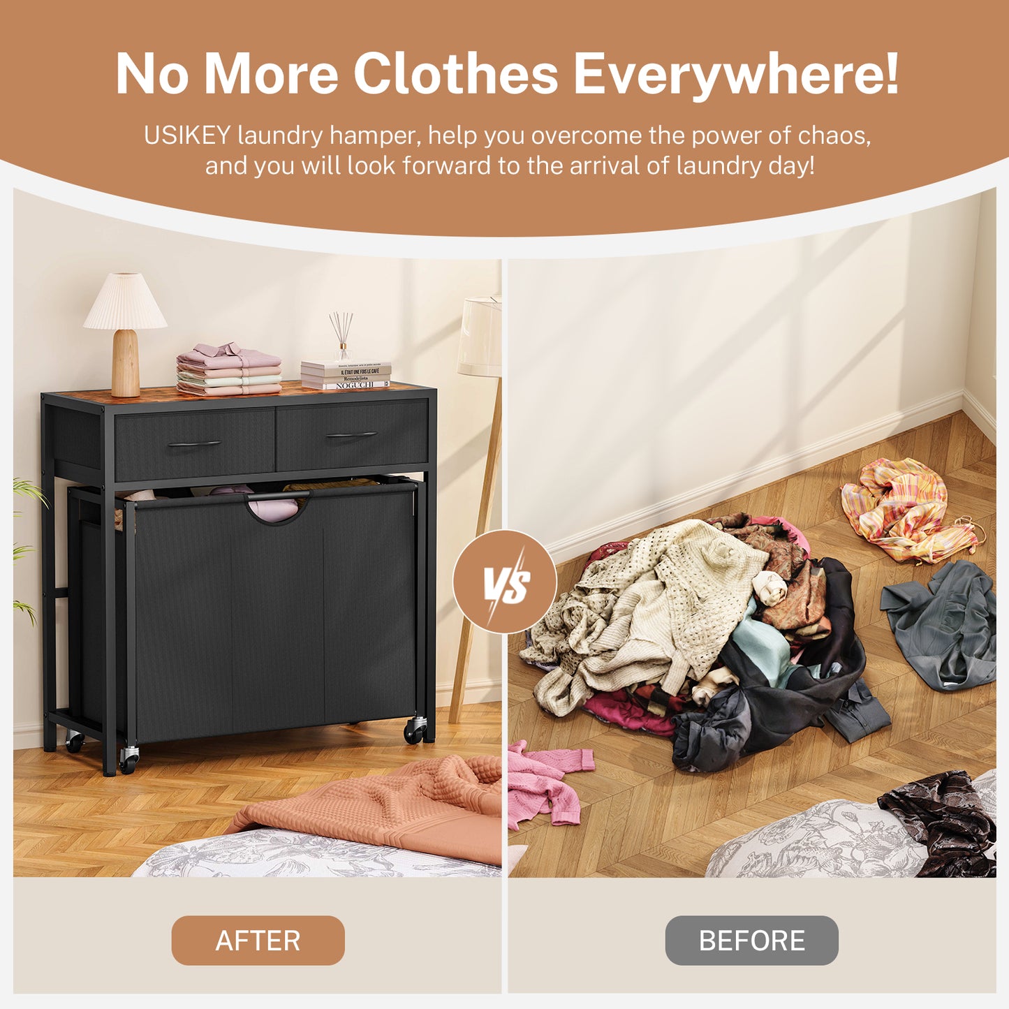 USIKEY Laundry Sorter, Rolling Laundry Hamper with 3 Section Pull-Out Bags, Laundry Basket Organizer with 2 Drawers, Laundry Hamper with Wheels