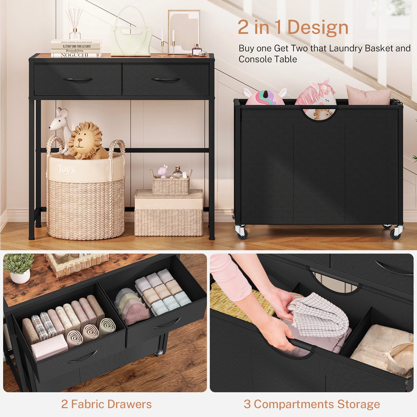 USIKEY Laundry Sorter, Rolling Laundry Hamper with 3 Section Pull-Out Bags, Laundry Basket Organizer with 2 Drawers, Laundry Hamper with Wheels