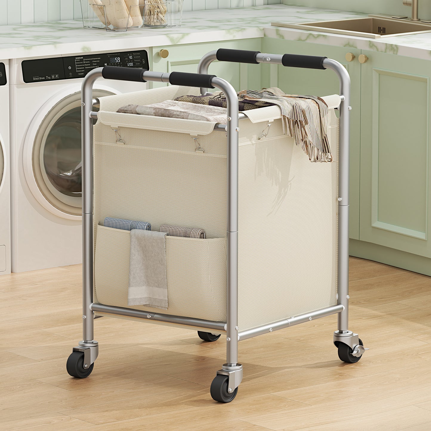 USIKEY Laundry Basket with Wheels, Rolling Laundry Sorter Cart with Side pockets,47.6GAL(180L) Rolling Laundry Hamper with Removable Bag, Beige