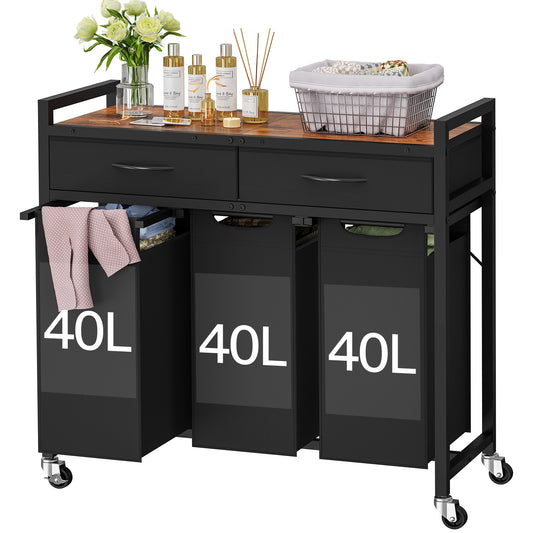 USIKEY Laundry Sorter 3 Section, Laundry Hamper with 2 Drawers & 2-tone top panel, 120L Rolling Laundry Basket Organizer