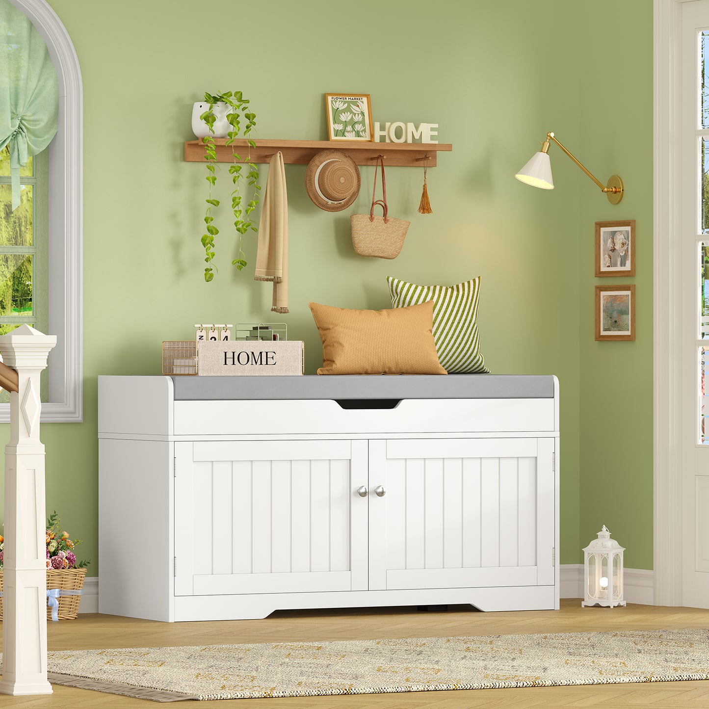 usikey Shoe Bench with Lift Top Storage, Storage Bench with Padded Seat Cushion, Entryway Bench with 2 Adjustable Shelves, for Entryway, Living Room, Bedroom