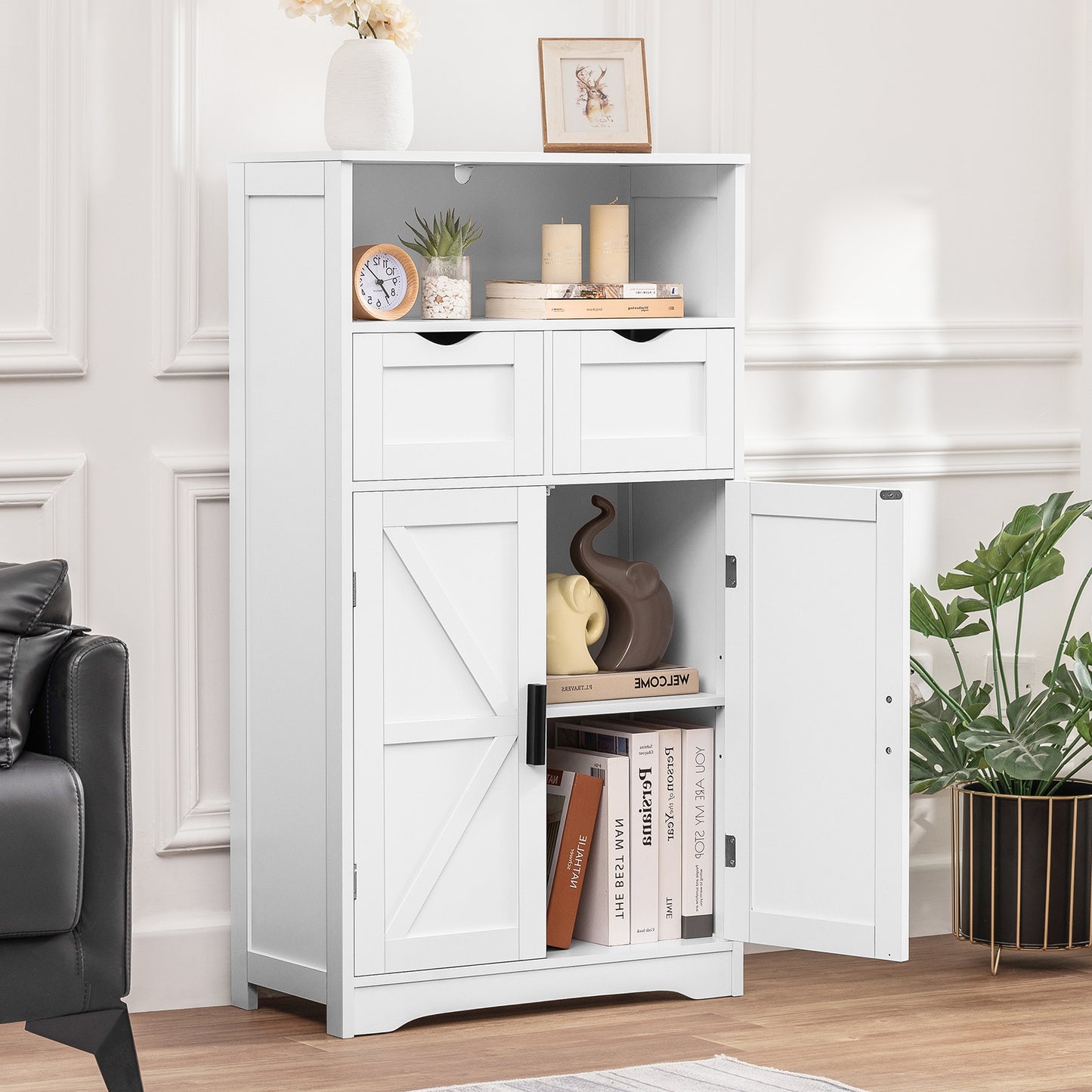 Bathroom Cabinet, Storage Cabinet with 2 Adjustable Drawers & 2 Barn Doors, Standing Cupboard with 2 Shelf, Floor Cabinet for Living Room, Home Office, Kitchen