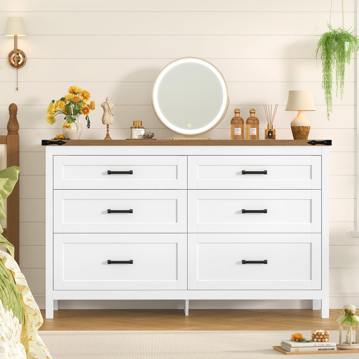 USIKEY Farmhouse 6 Drawer Dresser for Bedroom, 47.2'' Wide Wood Chest of Drawers , Dresser for Closet, Bedroom Dresser for Living Room, White