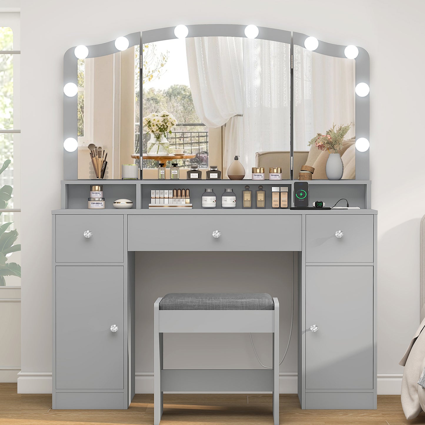 Vanity Desk with Triple Folding Mirror, Makeup Vanity with Power Outlet, Vanity Desk with 10 Lights, 3 Drawers & 2 Cabinets, Makeup Vanity Table with Soft Cushioned Stool for Women, Bedroom, White