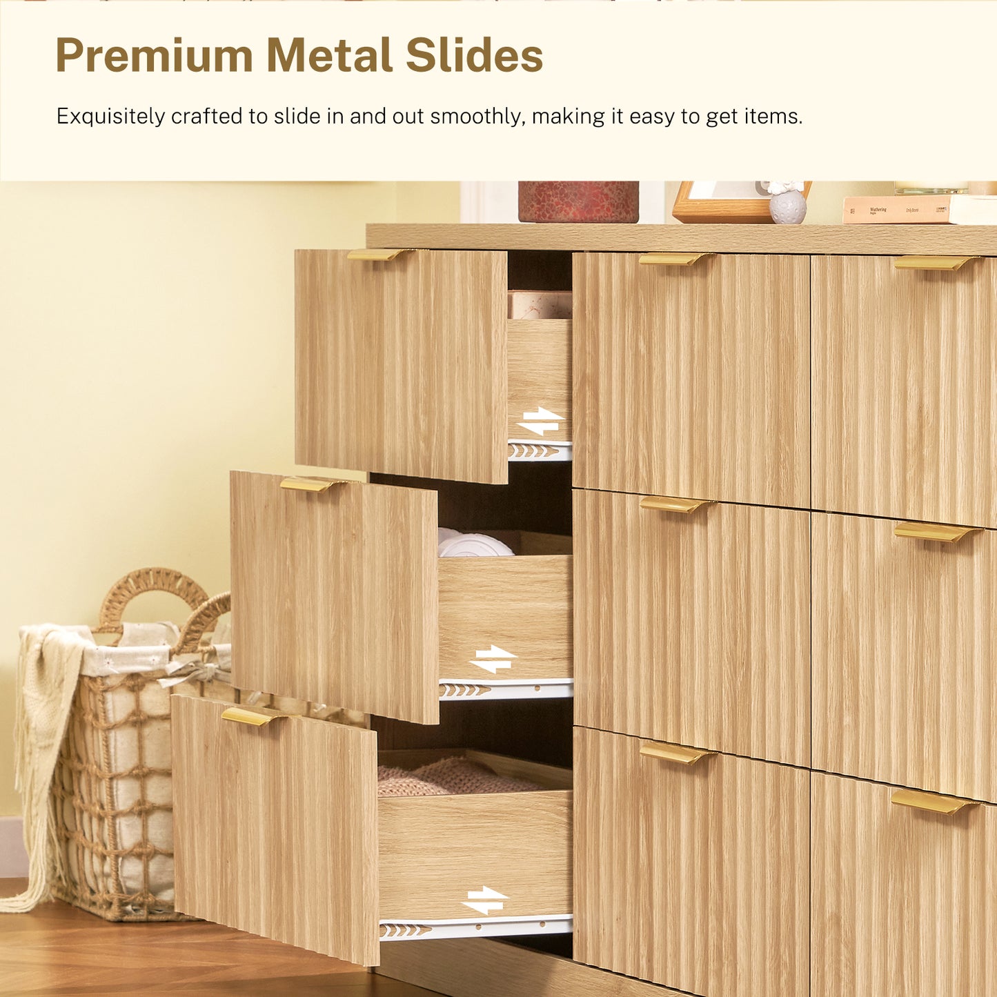 Usikey Fluted Dresser with 9 Drawers 63'' Wide Modern Dressers with Wood Chests of Drawers with Gold Handle &  Natural Wood TV Dresser for Bedroom
