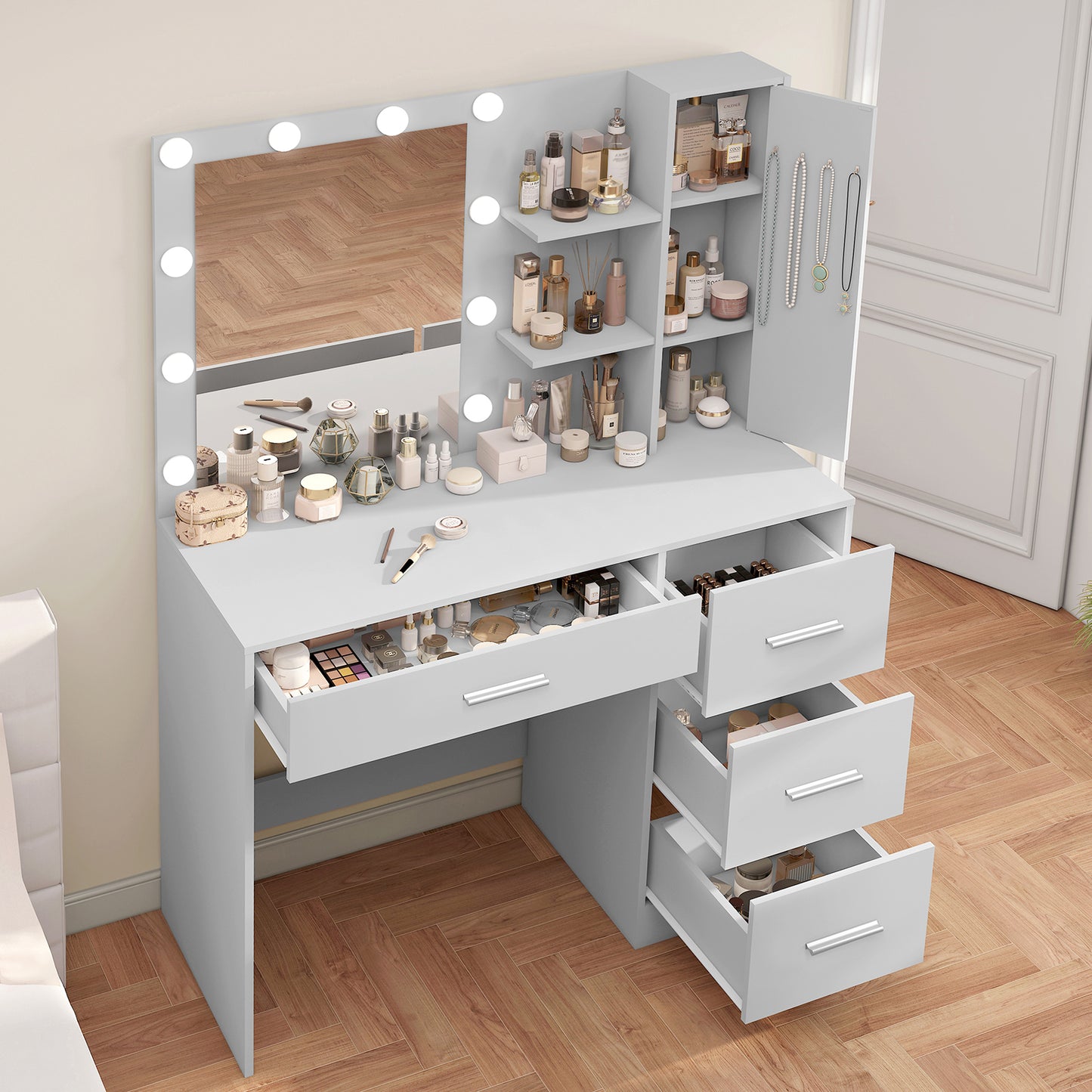 usikey Makeup Vanity with Lights, Vanity Desk with Mirror and 10 LED Lights, Vanity Table Set with 4 Drawers, Cabinet & 4 Necklace Hooks, Dressing Table for Bedroom, White