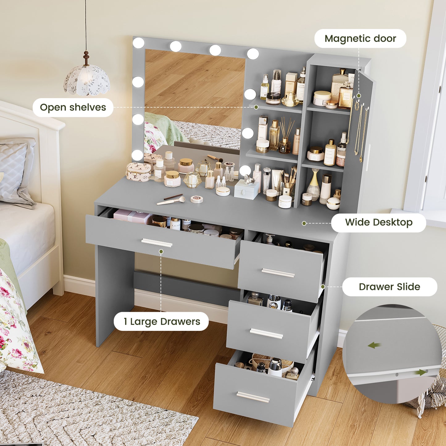 USIKEY Makeup Vanity with Lights, Vanity Desk with Mirror and 10 LED Lights, Vanity Table with 4 Drawers, Cabinet & 4 Necklace Hooks for Bedroom