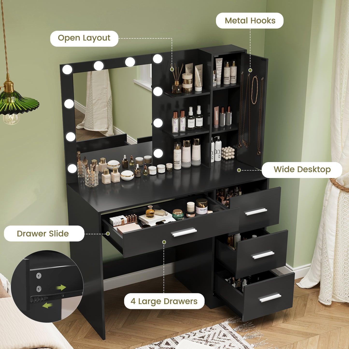 USIKEY Makeup Vanity with Lights, Vanity Desk with Mirror and 10 LED Lights, Vanity Table with 4 Drawers, Cabinet & 4 Necklace Hooks for Bedroom
