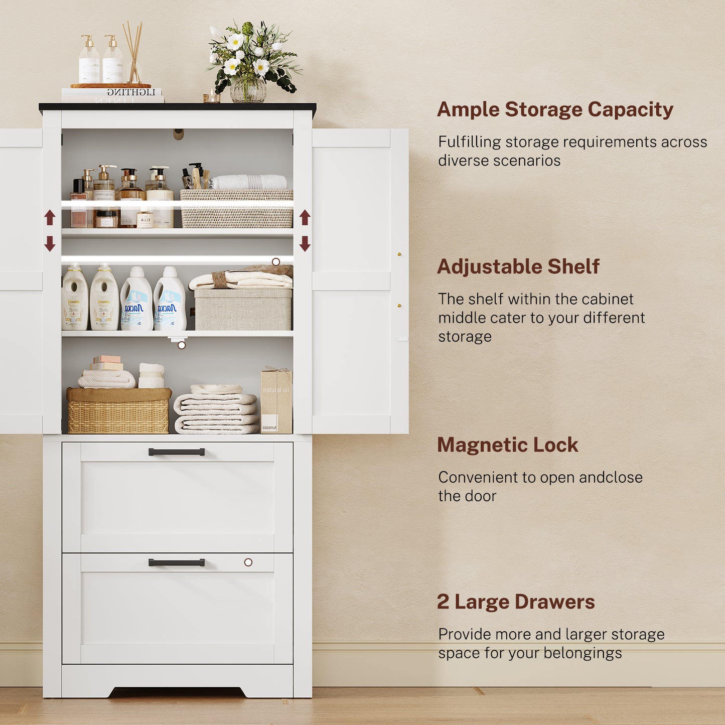 USIKEY 50.4" H Farmhouse Storage Cabinet, Bathroom Storage Cabinet with with 2 Doors & Drawers and Adjustable Shelf, for Bathroom, Living Room, White