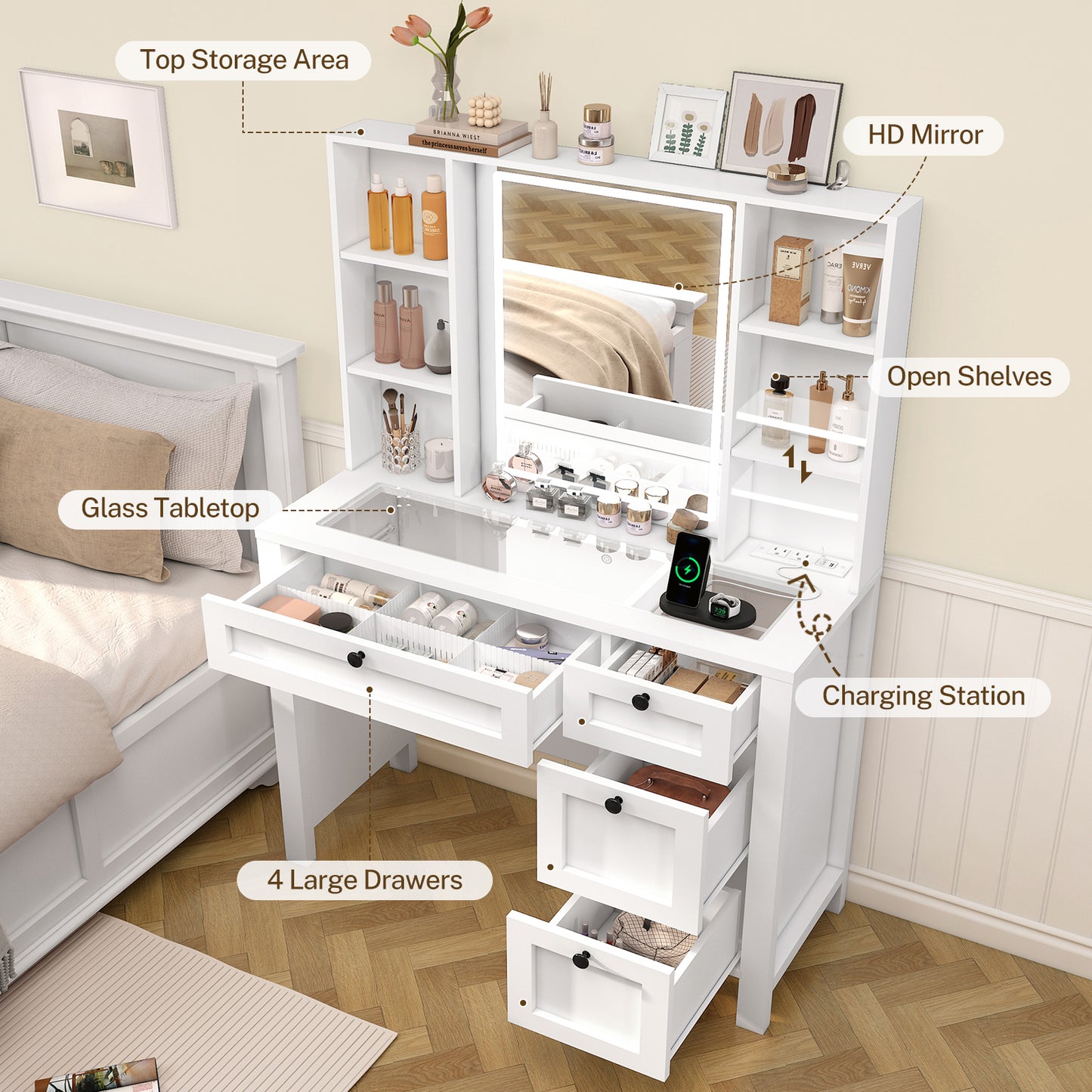 Vanity Desk, Makeup Vanity with Glass Tabletop & Power Outlet, Vanity Desk with Mirror and Lights, Makeup Vanity Desk with 4 Drawers & 6 Shelves, Vanity Set for Bedroom, Antique White