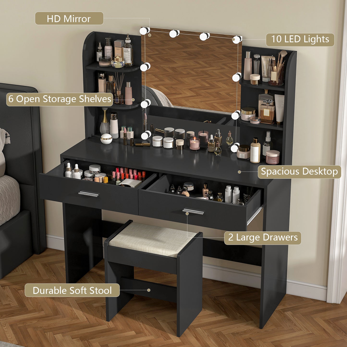 USIKEY Large Vanity Set with 10 Light Bulbs