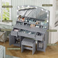 usikey Large Vanity Set with Large Lighted Mirror, Modern Makeup Vanity Table with 3 Drawers, 2 Storage Cabinets & 10 LED Bulbs, Dressing Table with Cushioned Stool for Women, Bedroom, Grey