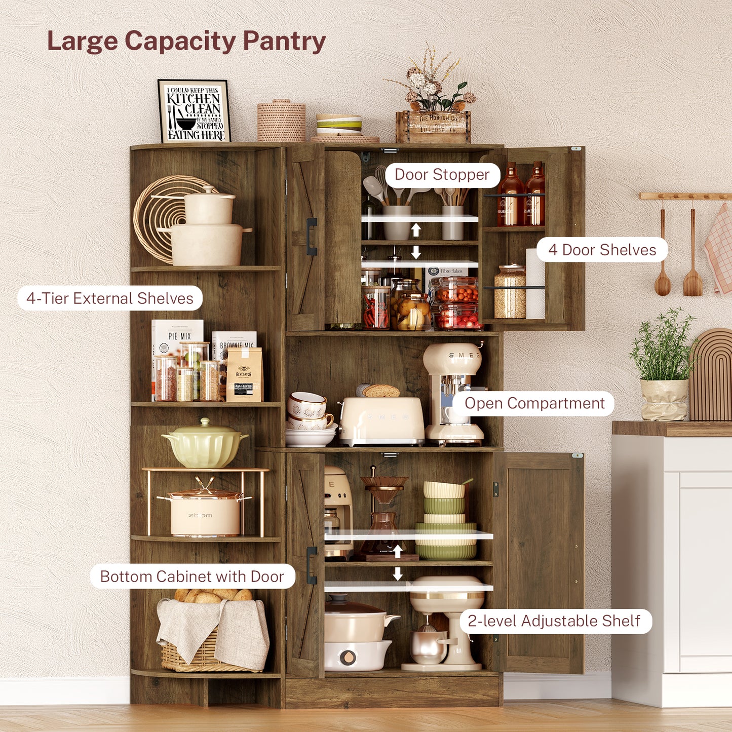 USIKEY 61" Farmhouse Kitchen Pantry Storage Cabinet, Freestanding Hutch with Shelves & Drawers, Large Kitchen Cupboard for Dining Room, Oak