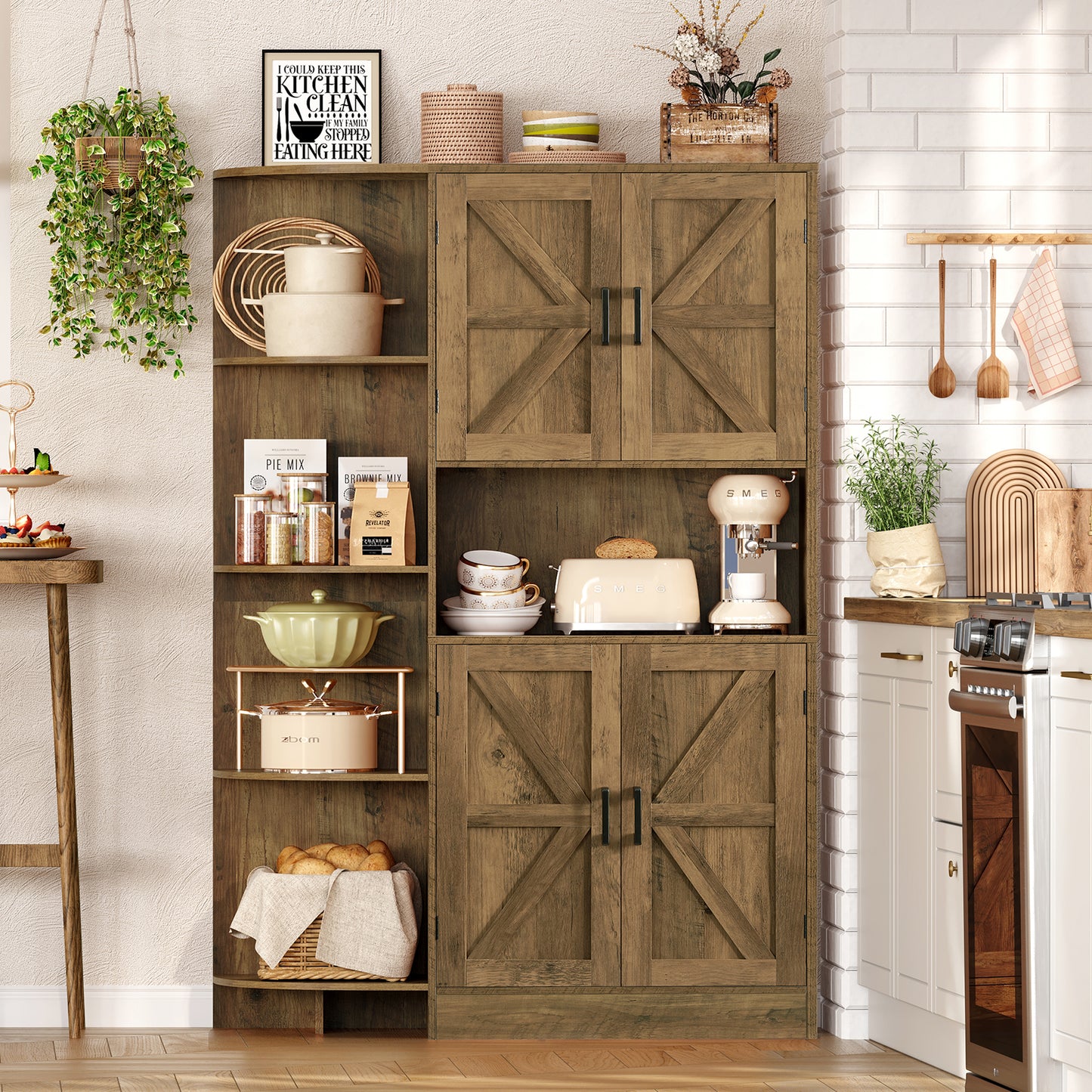 USIKEY 61" Farmhouse Kitchen Pantry Storage Cabinet, Freestanding Hutch with Shelves & Drawers, Large Kitchen Cupboard for Dining Room, Oak