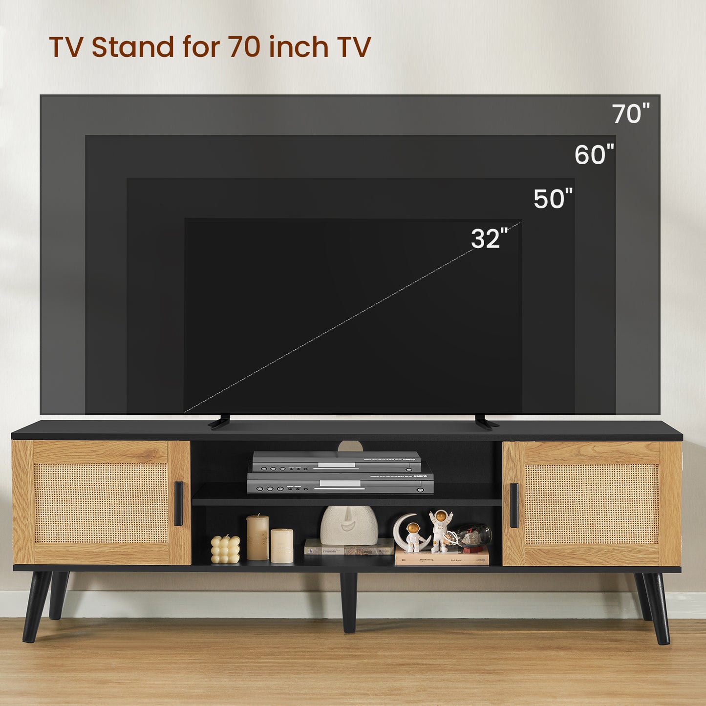 Rattan TV Stand for 70 inch TV, Entertainment Center with Adjustable Shelf & 2 Cabinets, TV Stands for Living Room, Bedroom, Natural + Black